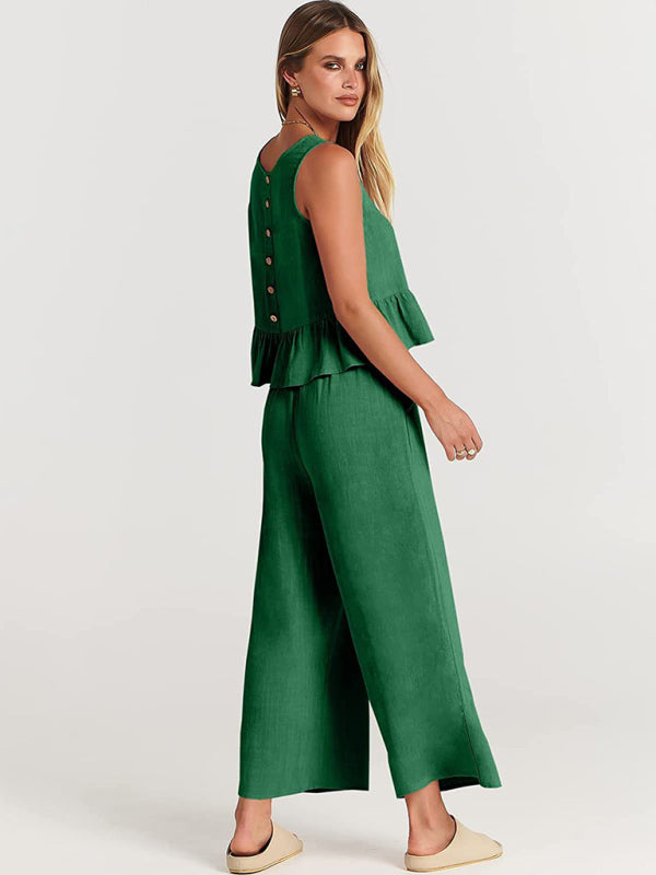 Blue Zone Planet | Sleeveless pleated vest wide-leg cropped pants suit BLUE ZONE PLANET