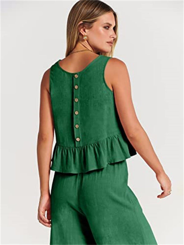 Blue Zone Planet | Sleeveless pleated vest wide-leg cropped pants suit BLUE ZONE PLANET