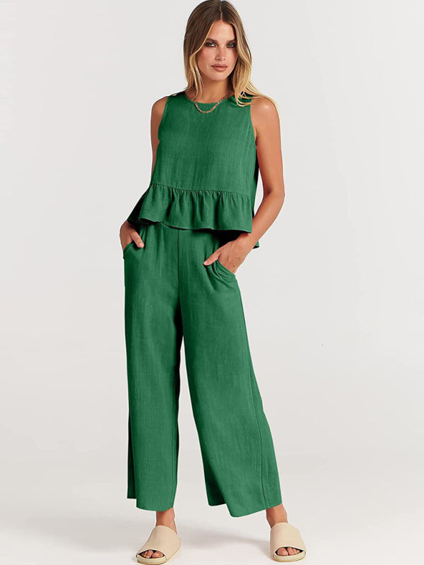 Blue Zone Planet | Sleeveless pleated vest wide-leg cropped pants suit BLUE ZONE PLANET