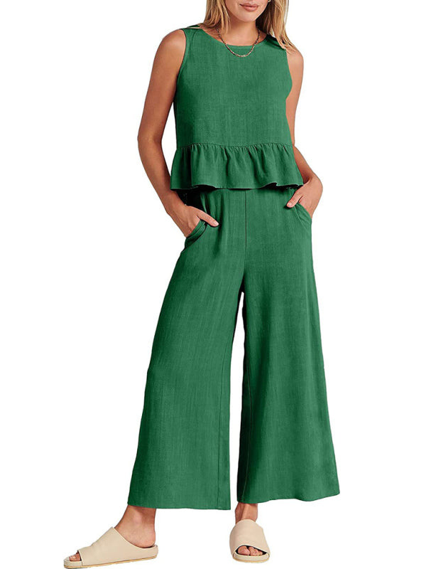 Blue Zone Planet | Sleeveless pleated vest wide-leg cropped pants suit BLUE ZONE PLANET