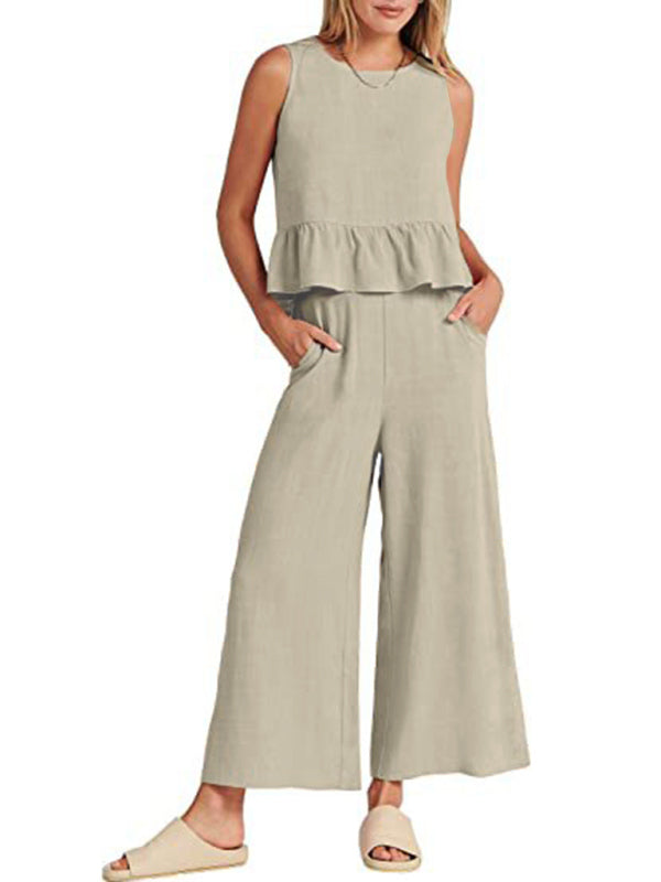 Blue Zone Planet | Sleeveless pleated vest wide-leg cropped pants suit BLUE ZONE PLANET