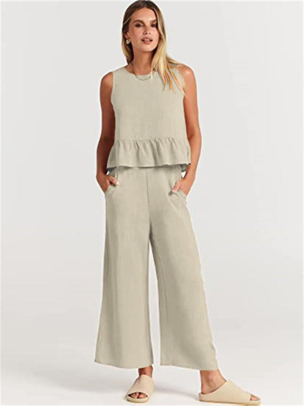 Blue Zone Planet | Sleeveless pleated vest wide-leg cropped pants suit BLUE ZONE PLANET