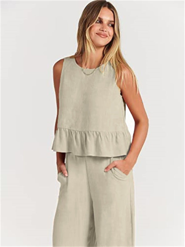 Blue Zone Planet | Sleeveless pleated vest wide-leg cropped pants suit BLUE ZONE PLANET