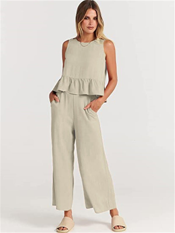 Blue Zone Planet | Sleeveless pleated vest wide-leg cropped pants suit BLUE ZONE PLANET