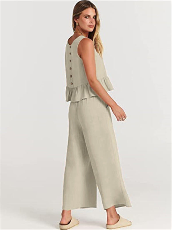Blue Zone Planet | Sleeveless pleated vest wide-leg cropped pants suit BLUE ZONE PLANET