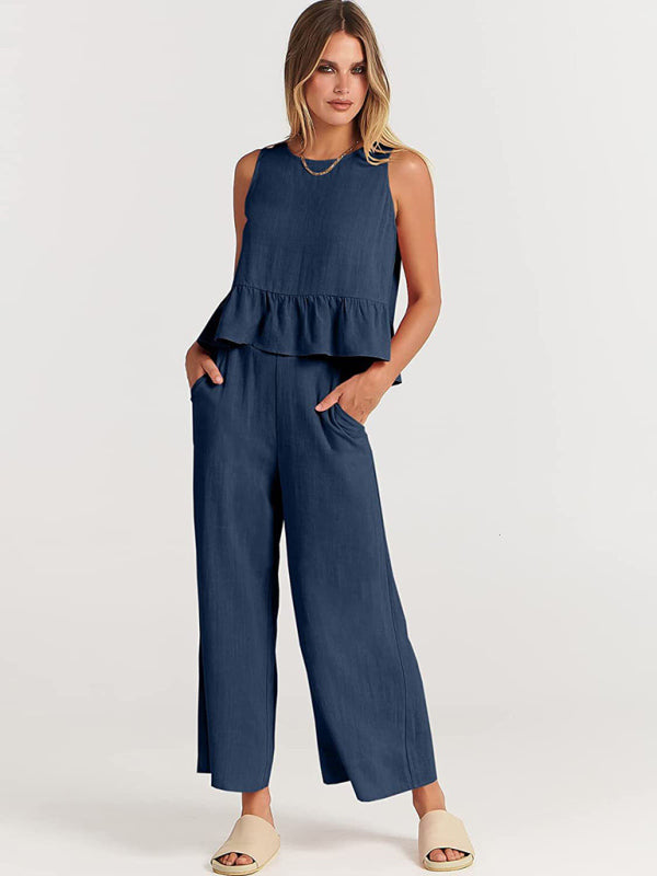 Blue Zone Planet | Sleeveless pleated vest wide-leg cropped pants suit BLUE ZONE PLANET