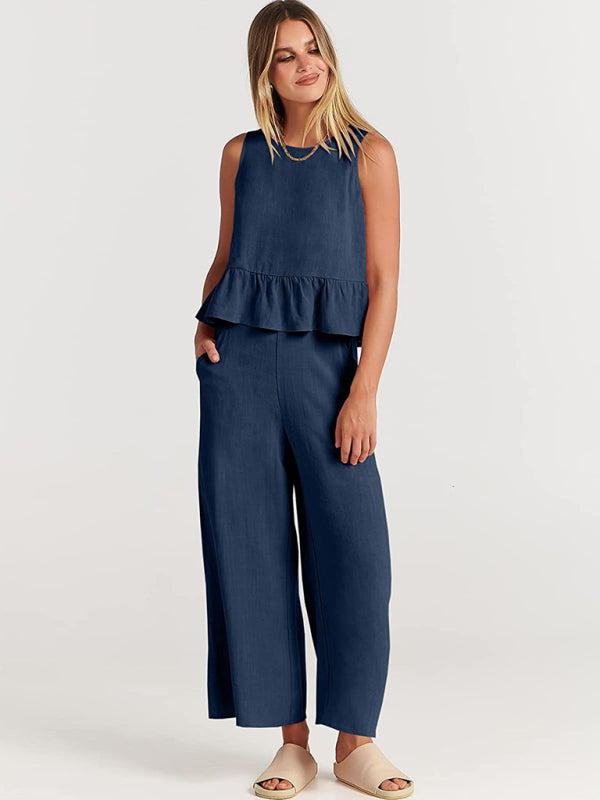 Blue Zone Planet | Sleeveless pleated vest wide-leg cropped pants suit BLUE ZONE PLANET