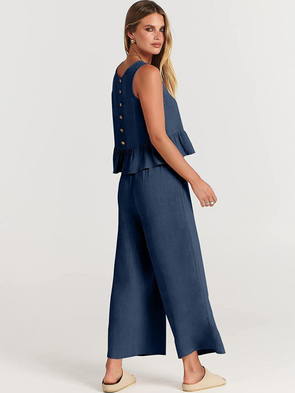 Blue Zone Planet | Sleeveless pleated vest wide-leg cropped pants suit BLUE ZONE PLANET