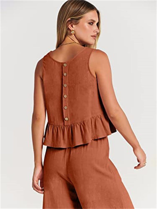 Blue Zone Planet | Sleeveless pleated vest wide-leg cropped pants suit BLUE ZONE PLANET