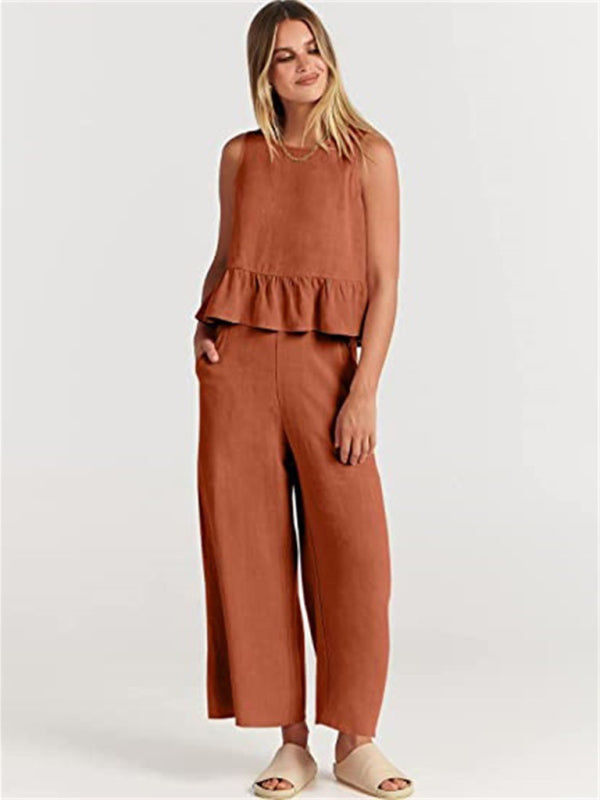 Blue Zone Planet | Sleeveless pleated vest wide-leg cropped pants suit BLUE ZONE PLANET