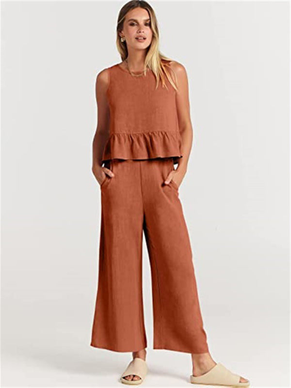 Blue Zone Planet | Sleeveless pleated vest wide-leg cropped pants suit BLUE ZONE PLANET
