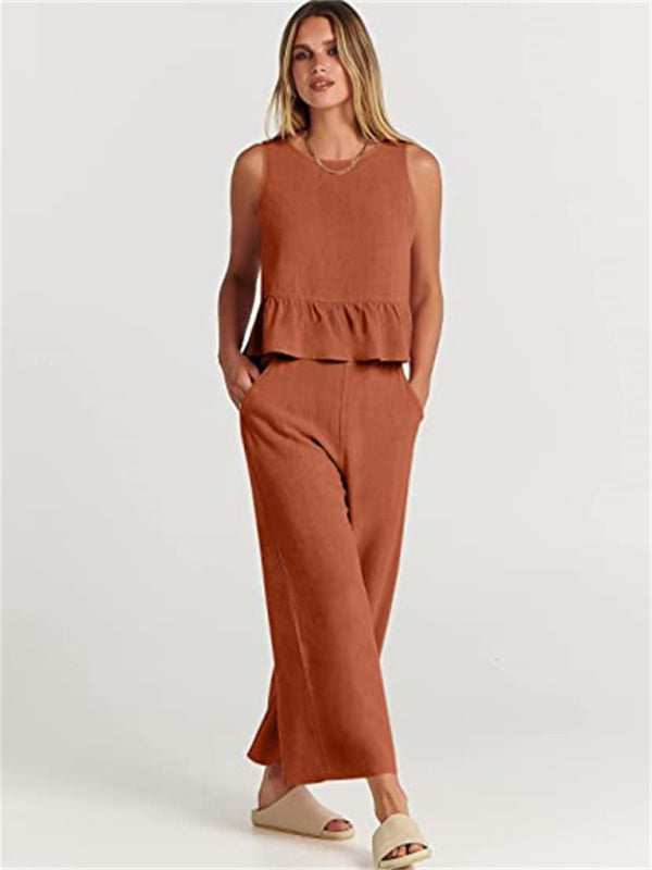 Blue Zone Planet | Sleeveless pleated vest wide-leg cropped pants suit BLUE ZONE PLANET