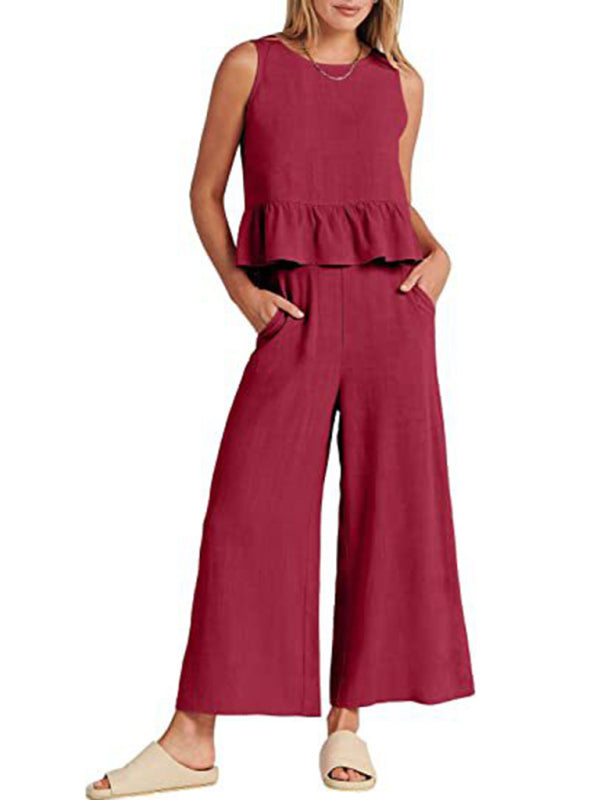 Blue Zone Planet | Sleeveless pleated vest wide-leg cropped pants suit BLUE ZONE PLANET