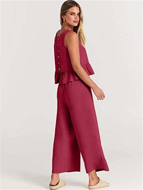 Blue Zone Planet | Sleeveless pleated vest wide-leg cropped pants suit BLUE ZONE PLANET