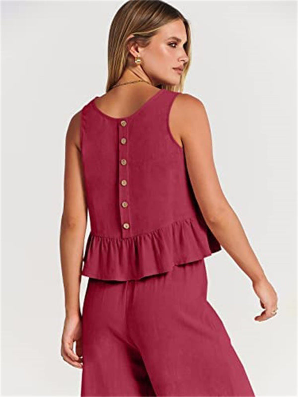 Blue Zone Planet | Sleeveless pleated vest wide-leg cropped pants suit BLUE ZONE PLANET