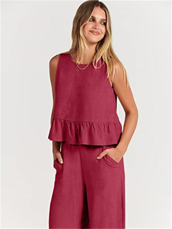 Blue Zone Planet | Sleeveless pleated vest wide-leg cropped pants suit BLUE ZONE PLANET