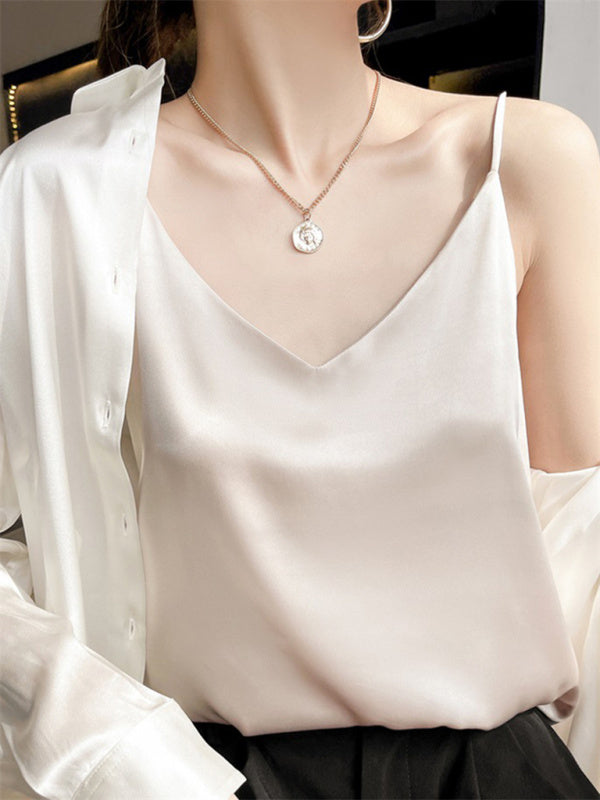 Blue Zone Planet | Satin V-neck camisole bottoming shirt outerwear summer short silk BLUE ZONE PLANET