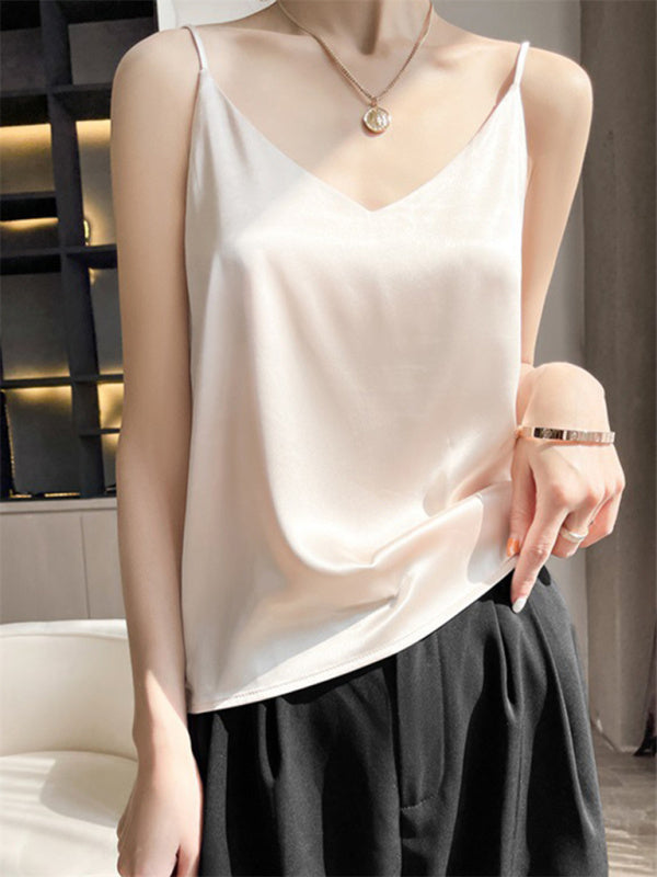 Blue Zone Planet | Satin V-neck camisole bottoming shirt outerwear summer short silk BLUE ZONE PLANET