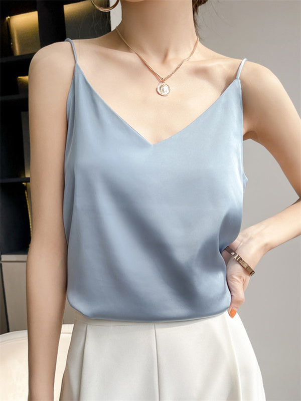 Blue Zone Planet | Satin V-neck camisole bottoming shirt outerwear summer short silk BLUE ZONE PLANET