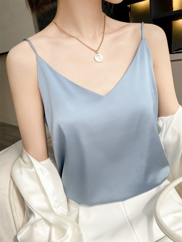 Blue Zone Planet | Satin V-neck camisole bottoming shirt outerwear summer short silk BLUE ZONE PLANET