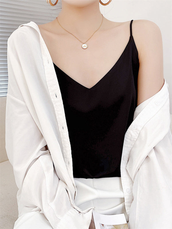 Blue Zone Planet | Satin V-neck camisole bottoming shirt outerwear summer short silk BLUE ZONE PLANET