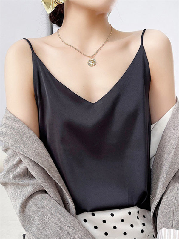 Blue Zone Planet | Satin V-neck camisole bottoming shirt outerwear summer short silk BLUE ZONE PLANET