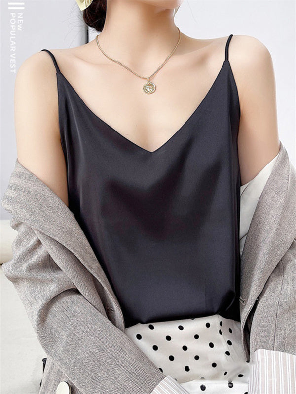 Blue Zone Planet | Satin V-neck camisole bottoming shirt outerwear summer short silk BLUE ZONE PLANET