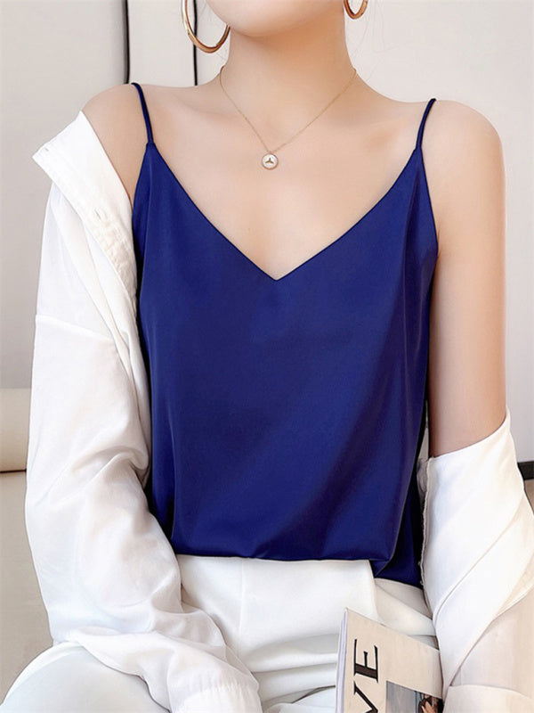 Blue Zone Planet | Satin V-neck camisole bottoming shirt outerwear summer short silk BLUE ZONE PLANET