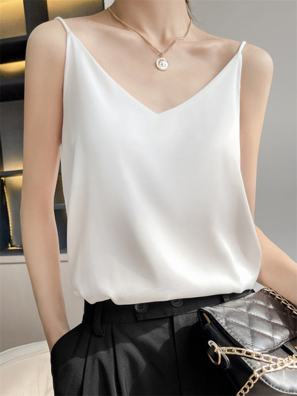 Blue Zone Planet | Satin V-neck camisole bottoming shirt outerwear summer short silk BLUE ZONE PLANET