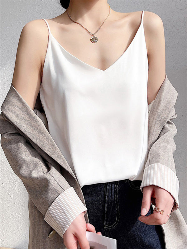 Blue Zone Planet | Satin V-neck camisole bottoming shirt outerwear summer short silk BLUE ZONE PLANET