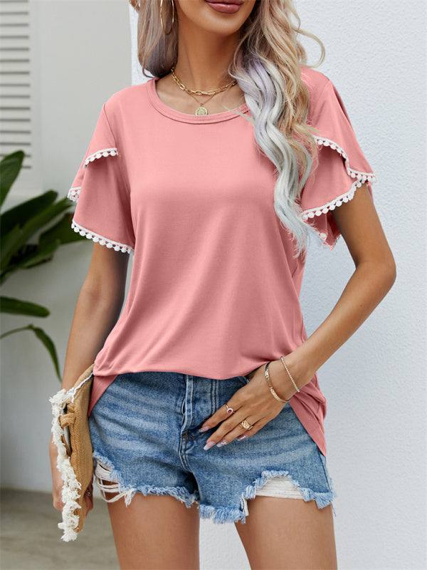 Blue Zone Planet | Round Neck Tassel Tulip Sleeve T-Shirt Top Women BLUE ZONE PLANET