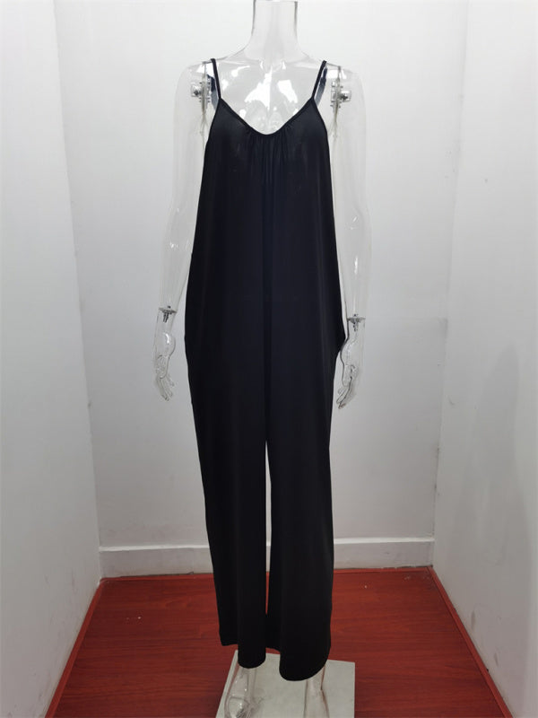 Trousers solid color side pocket loose spaghetti strap jumpsuit BLUE ZONE PLANET