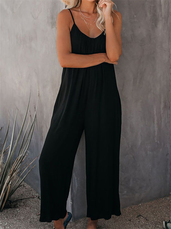 Trousers solid color side pocket loose spaghetti strap jumpsuit BLUE ZONE PLANET