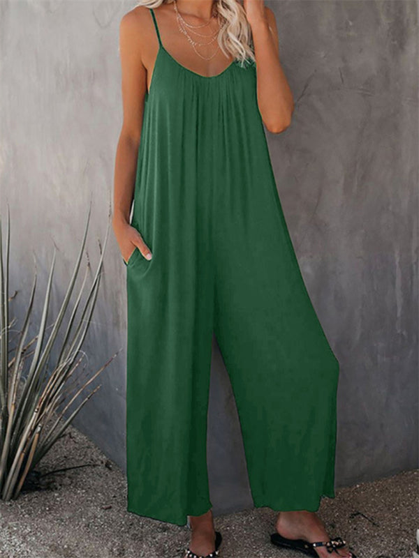Trousers solid color side pocket loose spaghetti strap jumpsuit BLUE ZONE PLANET