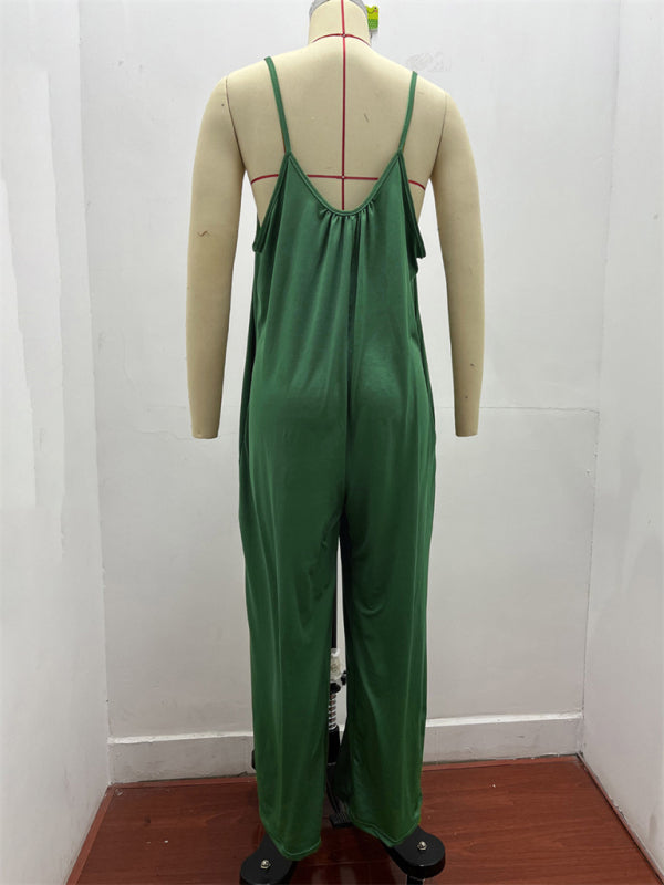 Trousers solid color side pocket loose spaghetti strap jumpsuit BLUE ZONE PLANET