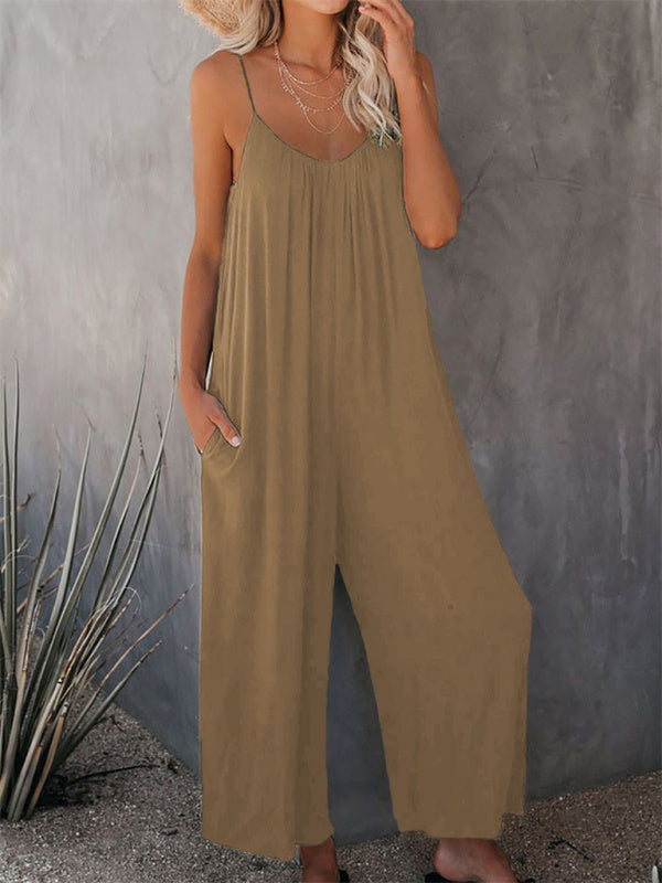 Trousers solid color side pocket loose spaghetti strap jumpsuit BLUE ZONE PLANET
