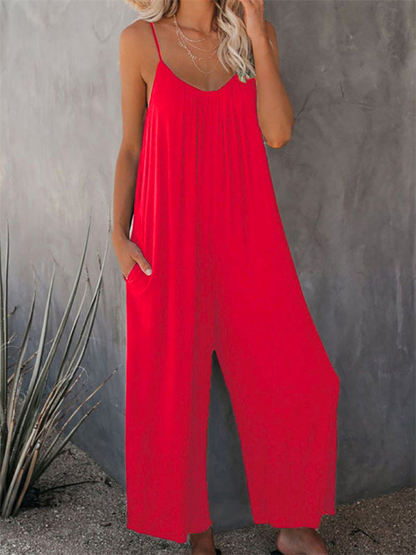 Trousers solid color side pocket loose spaghetti strap jumpsuit BLUE ZONE PLANET