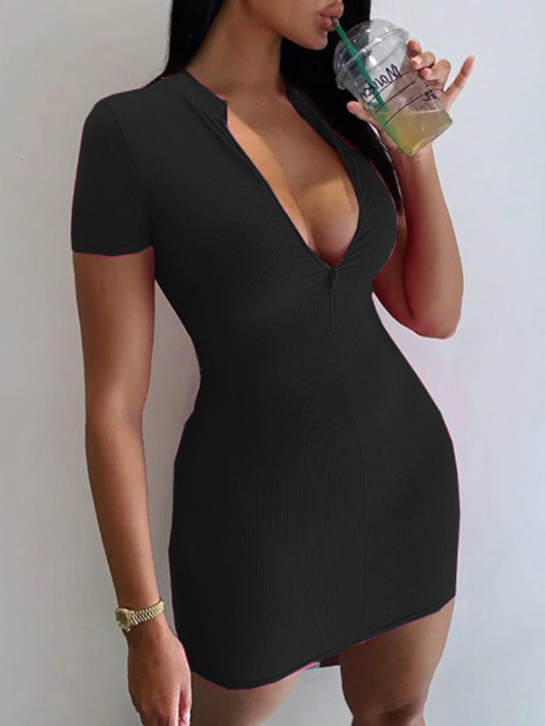 Knitted Casual Half Zipper Short Sleeve Mini Dress kakaclo