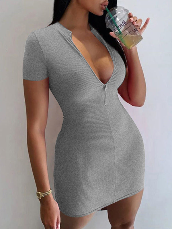 Knitted Casual Half Zipper Short Sleeve Mini Dress kakaclo