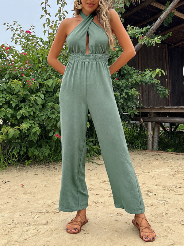 Blue Zone Planet |  woven halter neck hollow back wide-leg jumpsuit BLUE ZONE PLANET