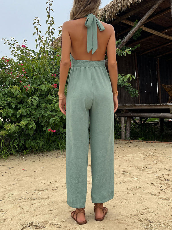 Blue Zone Planet |  woven halter neck hollow back wide-leg jumpsuit BLUE ZONE PLANET