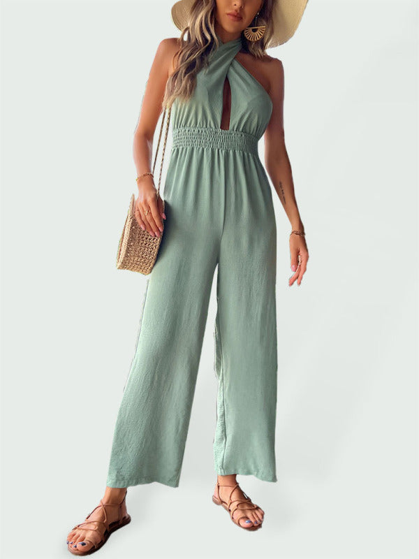 Blue Zone Planet |  woven halter neck hollow back wide-leg jumpsuit BLUE ZONE PLANET