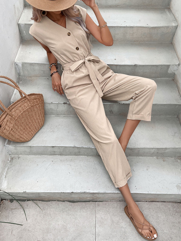 Blue Zone Planet | Sleeveless V-neck Cropped Waist Jumpsuit BLUE ZONE PLANET