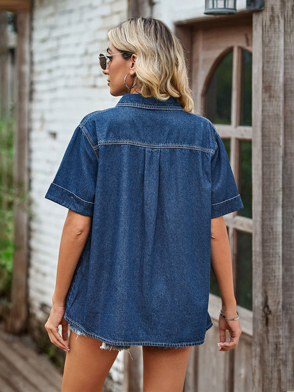 Blue Zone Planet | New all-match thin denim short-sleeved shirt top BLUE ZONE PLANET