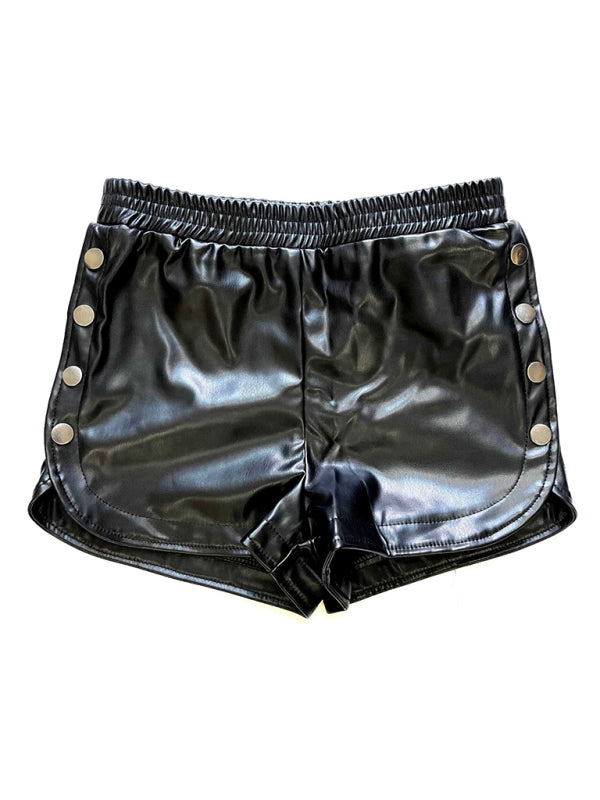Blue Zone Planet | Side Button PU Leather Shorts High Waist Solid Color Slit Shorts BLUE ZONE PLANET