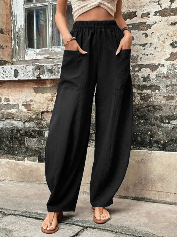 Blue Zone Planet | Pants Solid Color Pocket Pants Elastic Pants Trousers BLUE ZONE PLANET
