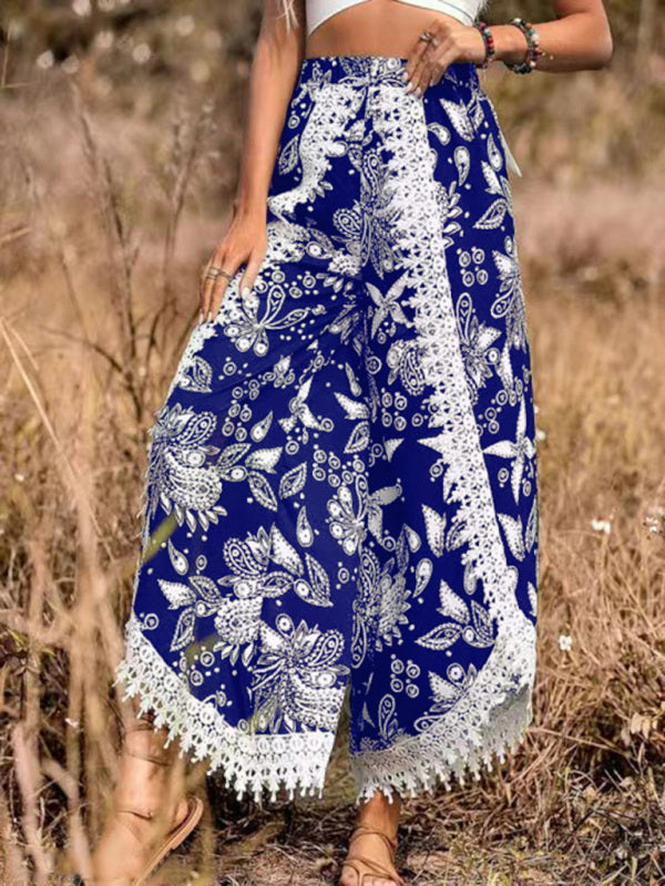 ethnic style print stitching lace trousers BLUE ZONE PLANET