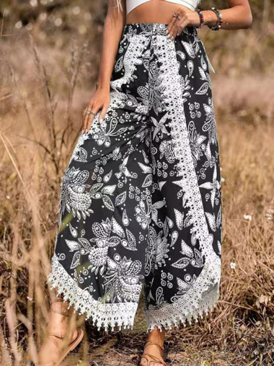 ethnic style print stitching lace trousers BLUE ZONE PLANET