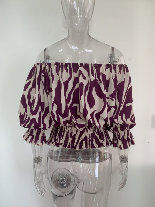 Blue Zone Planet | Women's Printed Off Shoulder Loose Short Sleeve Top BLUE ZONE PLANET