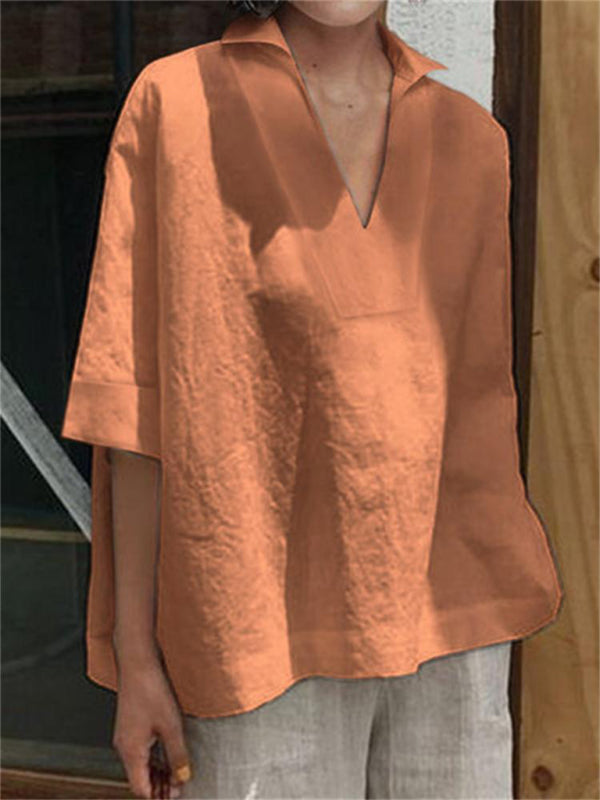 Blue Zone Planet | V-neck cotton and linen solid color loose sleeve shirt BLUE ZONE PLANET